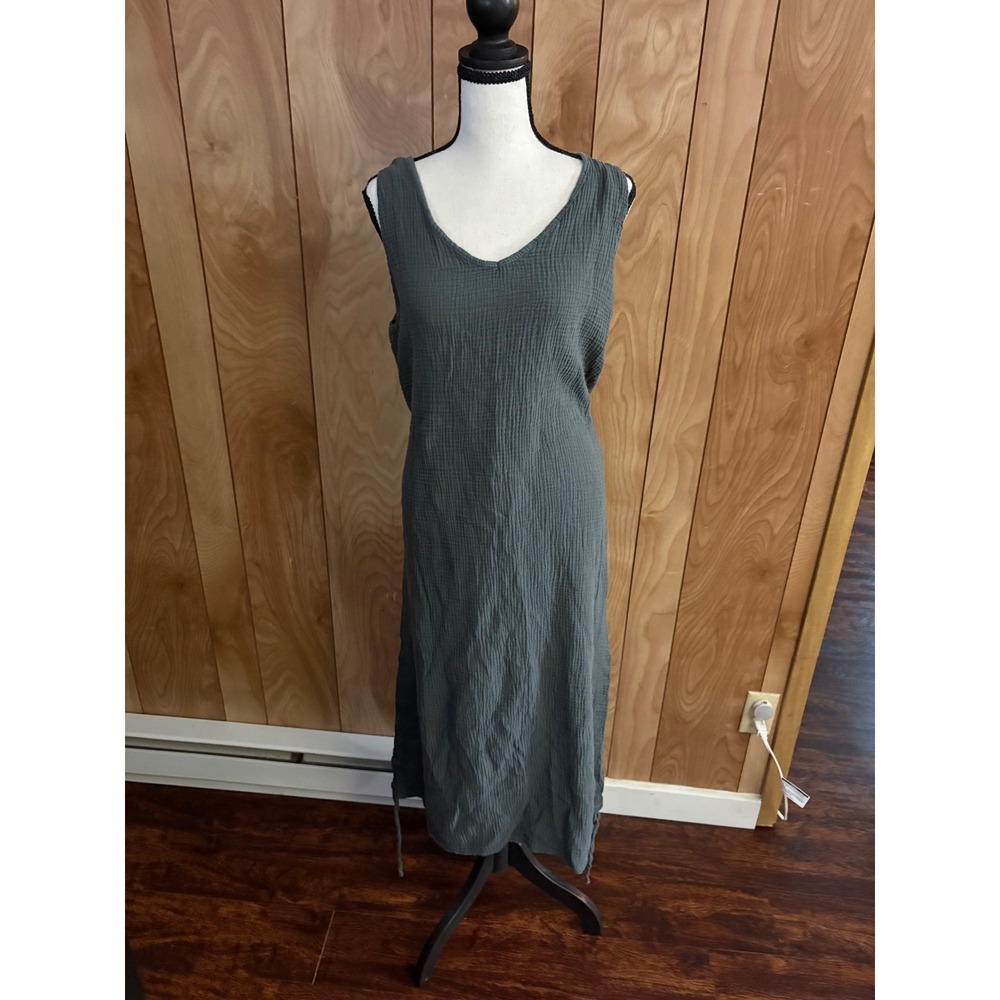 M Made in Italy Cotton Gauze Sleeveless Tie Back Midi Dress Dark Teal Large‎